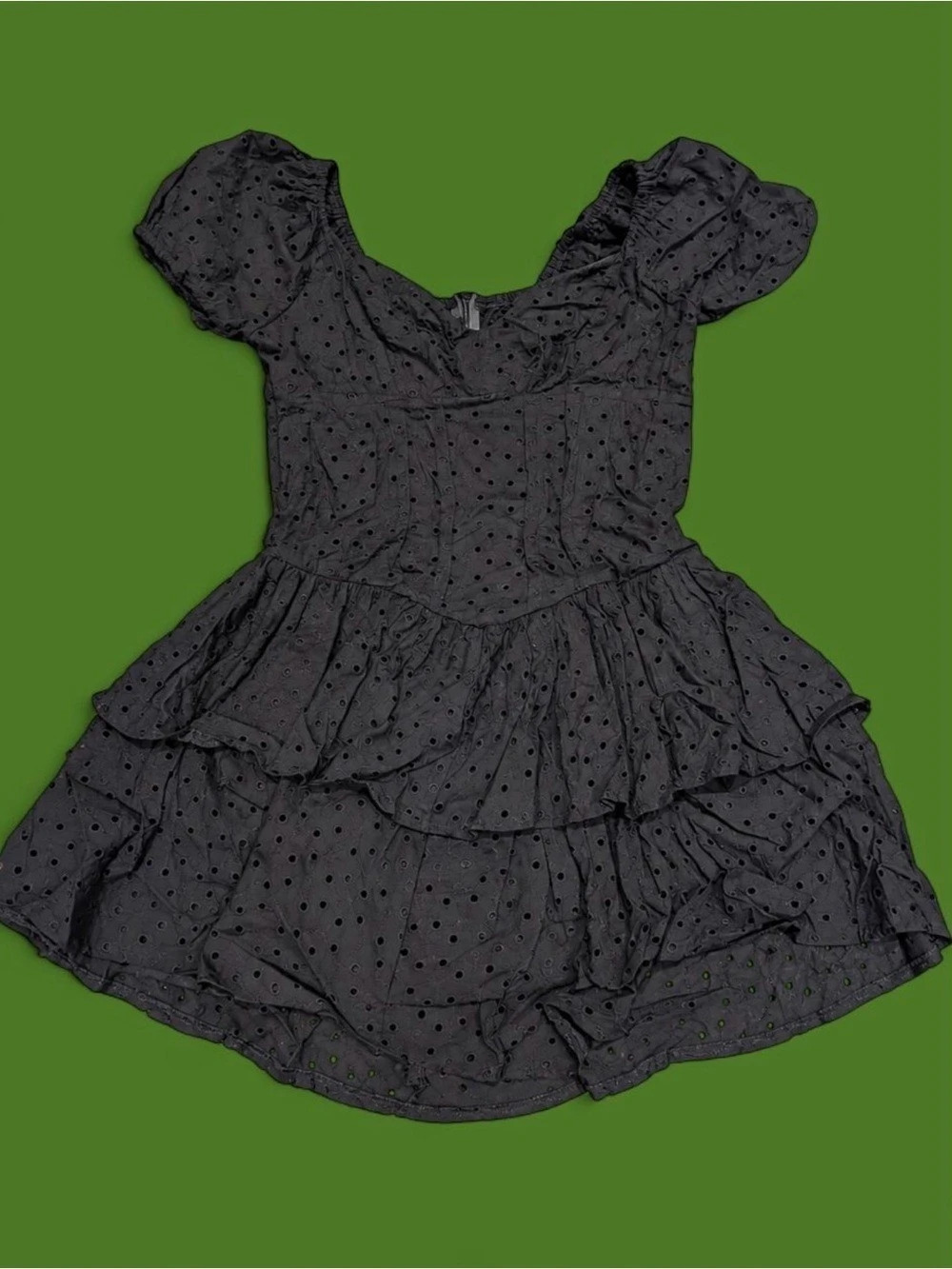 Black Eyelet Tiered Mini Dress Size Large Like New